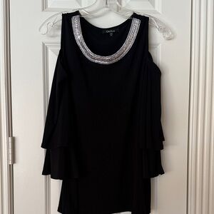 Onyx Black Top, Shoulder cut-outs, Silver Rhinestone Detailing at Neckline EUC